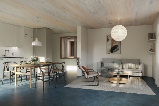 43_ESW_9043_Typ 5_Küche Wohnzimmer in Richtung Rue intérieure_ Die Abbiligung kann von den Gegebneheiten vor Ort abweichen.jpg